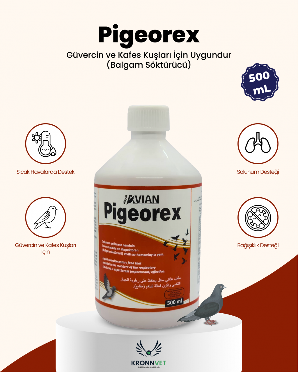 Royal İlaç Pigeorex Güvercin Ve Kafes Kuşlarında Hırıltı Ve Nefes Açıcı Tamamlayıcı Yem 500 ML