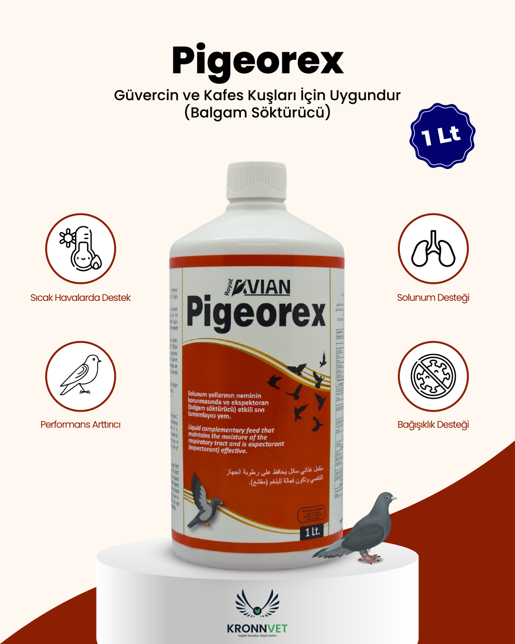 Royal İlaç Pigeorex 1 L Güvercin Ve Kafes Kuşları Solunum Yollarında Hırıltı Balgam Söktürücü