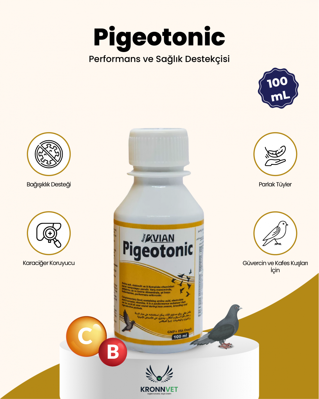 Royal İlaç Pigeotonic 100 ML Aminoasit ve B Vitamini Destekleyici Yem