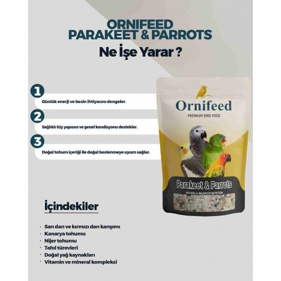 Ornifeed Parakeet & Parrots Papağan Yemi 1 Kg | Muhabbet Kuşu ve Papağanlar İçin Yumurta Maması | Vitaminli Kuş Maması